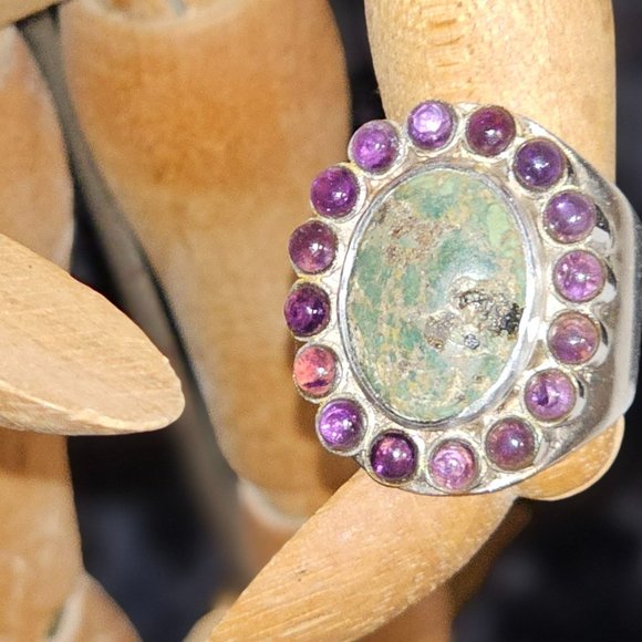 Vintage Sunburst Chrysocolla & Amethyst Ring - Picture 4 of 6